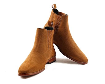 New Handmade Stylish Men's Suede Chelsea Boots Real Leather Tan Ankle Boots With Side Panel Gift For Him.