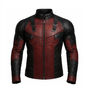 Handmade Deadpool Leather Jacket Cosplay Costume Red & Black Genuine Sheepskin Leather Superhero Outfit for Men Comic-Con Halloween Wear.