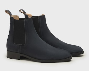 New Handmade Stylish Men&#39;s Suede Chelsea Boots Real Leather Blue Ankle Boots Gift For Him.