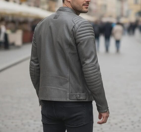 Vintage Gray Cowhide Leather Biker Jacket for Men – Café Racer