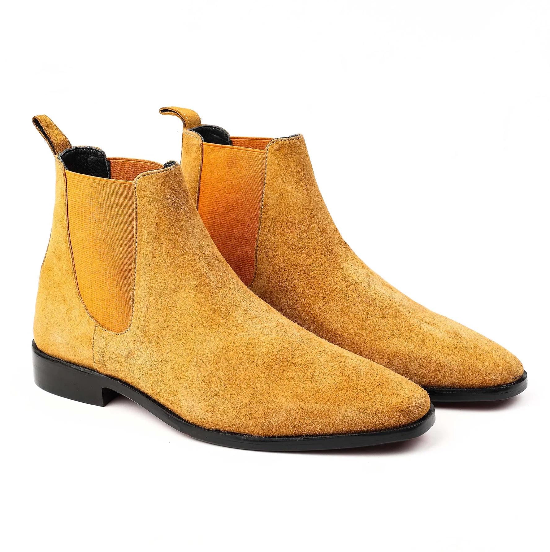 New Handmade Stylish Men's Suede Chelsea Boots Real Leather Tan Yellow Chelsea Shoes Gift For Him.