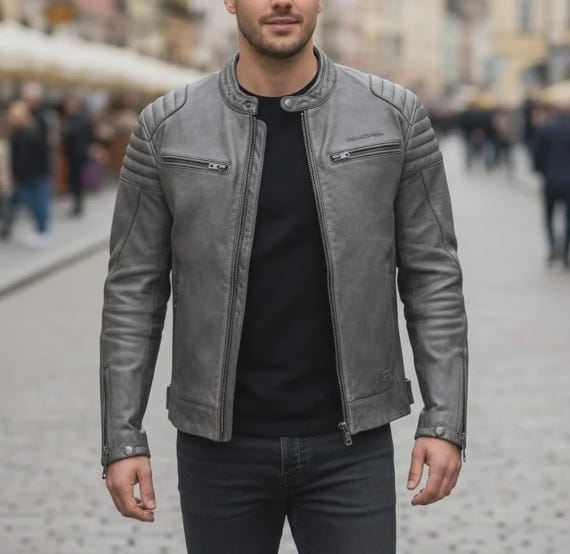 Vintage Gray Cowhide Leather Biker Jacket for Men – Café Racer
