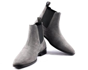 Men&#39;s New Handmade Grey Suede Chelsea Boots Real Leather Chelsea Shoes Stylish Slip-On Ankle Dress Shoes