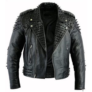May include: Black leather motorcycle jacket with a zipper closure and studded details. The jacket has a stand-up collar and long sleeves.