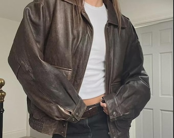 Distressed Brown Leather Bomber Jacket: Handmade 90s Style Sheepskin Jacket For Women.