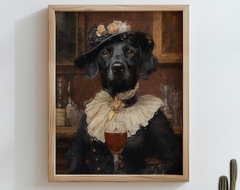 Retrato de mascota de perro camarero personalizado, retrato de labrador negro personalizado, pintura de mascota, retrato de labrador negro, pintura de mascota en acuarela, regalo divertido con tema de bar