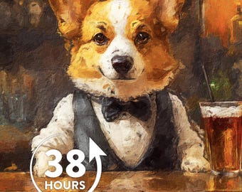 Retrato personalizado de perro camarero, Retrato personalizado de mascota Corgi, Pintura de mascota, Retrato de perro Corgi, Pintura de mascota en acuarela, Ideas de regalo con temática de bar