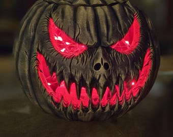 Hand Painted Gold Scary Pumpkin - Halloween Decor with LED Lights