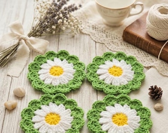 Handmade Daisy Flower Crochet Coasters – Set of 4
