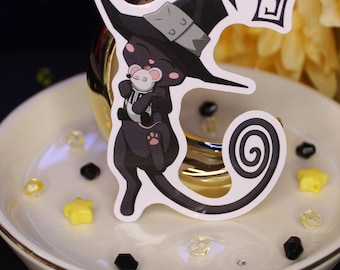 Black Cat in Hat, Glossy Vinyl Sticker, Waterproof, Tear Resistant, Laminated, & Holographic optional