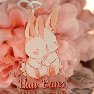 Cute Loving Bunnies, The Hun Buns 2inch Logo Acrylic Keychain, Charm, Accessory, White Rabbits.