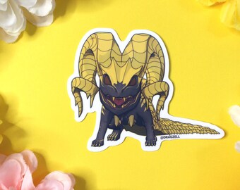 Chibi Gold Dragon Laminated Vinyl Sticker, Inspired by Monster Hunter's Kulve Taroth