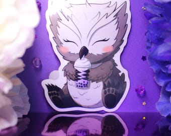Owlbear Boba Tea Vinyl Sticker: Waterproof Fantasy Creature Decal
