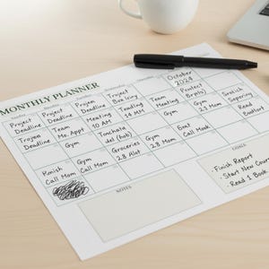 May include: A white monthly planner with a green header, featuring handwritten notes and a calendar for October 2024. A black marker and a cup of coffee sit nearby on a light wood surface.