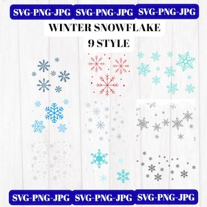 Pode incluir: Um design digital com nove estilos de flocos de neve de inverno em várias cores, incluindo azul, vermelho e cinza. O texto "WINTER SNOWFLAKE 9 STYLE" é exibido acima dos desenhos de flocos de neve. A imagem também inclui o texto "SVG-PNG-JPG".
