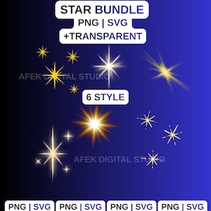 Puede incluir: Paquete gráfico digital con seis estilos de ilustraciones de estrellas en formatos PNG y SVG. La imagen tiene un fondo degradado azul oscuro con diseños de estrellas amarillas y blancas. El texto incluye "STAR BUNDLE", "PNG | SVG", "+TRANSPARENT" y "6 STYLE".