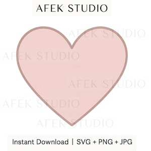 Puede incluir: Un corazón rosa pálido con un contorno más oscuro sobre un fondo blanco. El texto "AFEK STUDIO" está en la parte superior y "Instant Download | SVG + PNG + JPG" en la inferior. Es probable que sea un elemento de diseño digital.