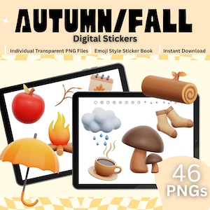 秋の3Dデジタルステッカー46枚｜透明PNG、Goodnotes、印刷可能なPDF｜秋の美しいデジタルプランナーステッカー