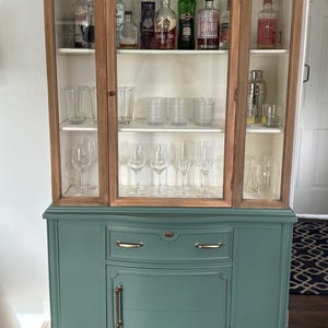 SOLD | Hutch China Cabinet Bookcase Vintage Liquor Cupboard Modern Farmhouse Green Glass Display Case