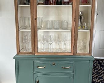 Hutch China Cabinet Bookcase Vintage Liquor Cupboard Modern Farmhouse Green Glass Display Case