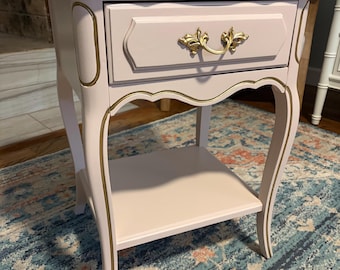 SOLD | French Provincial  Nightstand | Henry Link | Custom Gray & Gold Refinish | Cottagecore Bedroom Storage