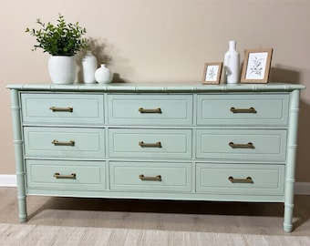 SOLD | Faux Bamboo 9-Drawer Dresser: Hollywood Regency Palm Beach Style