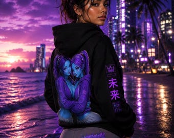 Hoodie NEUROLUX Cyberpunk: Zwillinge Mädchen Neon Lila Streetwear Art