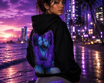 Hoodie NEUROLUX Cyberpunk: tweelingmeisjes neonpaarse streetwear-kunst