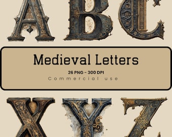 Medieval Alphabet, Illuminated Letters, Manuscript Art, Medieval Font, A-Z Letters png, Sublimation, Commercial Use, Digital Download