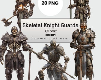 Skeleton Knight Clipart, Skeletal Guard Characters, Undead Warrior PNG for Crafters, POD, Commercial Use, Digital Download