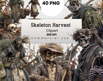 Skeleton Farmhouse Clipart, Haunted Harvest PNG, Dark Fantasy Halloween PNG for Crafters, POD, (Digital Download)
