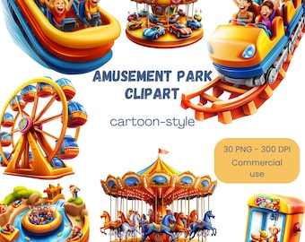 Amusement Park Clipart | Attraction Clipart | Carousel Clipart | Rollercoaster PNG | Festival Clipart | Ride Clipart | Cartoon-Style Clipart