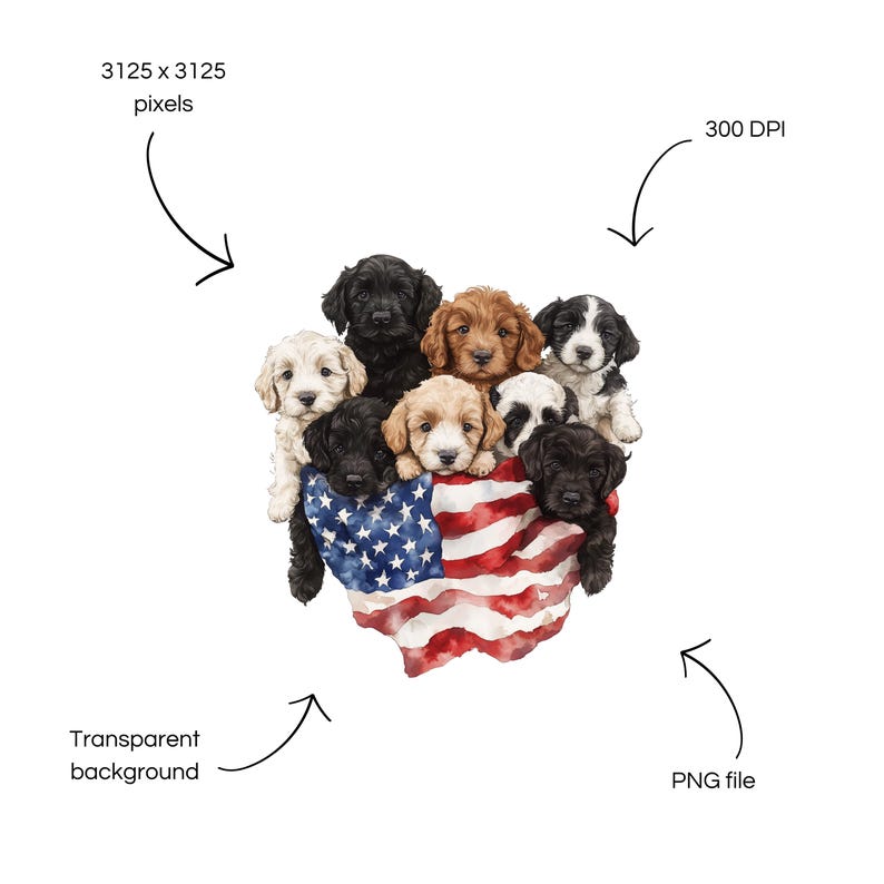 Op de afbeelding: Een aquarel illustratie van negen puppy's in verschillende kleuren, waaronder zwart, bruin en wit, gegroepeerd rond een gestileerde Amerikaanse vlag. De hoofden van de puppy's zijn zichtbaar, wat een patriottisch en hartverwarmend beeld cre&euml;ert.