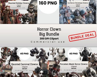 Mega Horror Clown Clipart Bundle, Scary Gothic Character, Dark Fantasy PNG for Crafters, POD, Scrapbook, Commercial Use, Digital Download