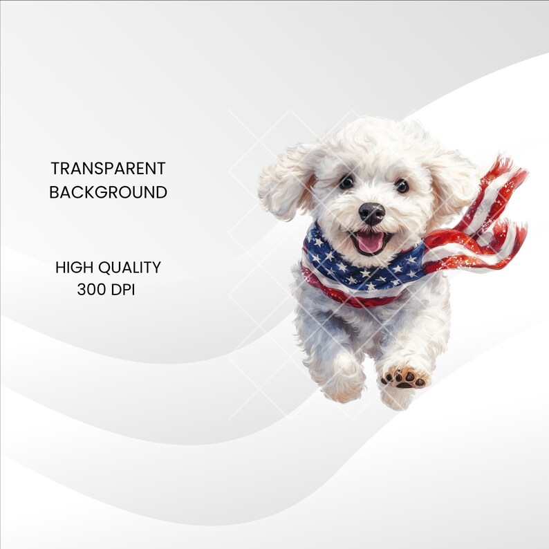 Op de afbeelding: Een vrolijke witte hond met een sjaal met de Amerikaanse vlag, met rode en blauwe sterren en strepen. De hond rent en heeft een vrolijke uitdrukking. De tekst "TRANSPARENT BACKGROUND" en "HIGH QUALITY 300 DPI" is ook aanwezig.