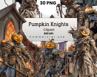 Pumpkin Knights Clipart, Jack O' Lantern Guardians, Halloween Creature PNG for Crafters, POD, Commercial Use, Digital Download