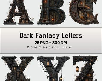 Fantasy Alphabet, Illuminated Letters, Letter art, Dark Academia Font, A-Z Letters png, Sublimation, Commercial Use, Digital Download