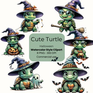 May include: A collection of watercolor-style clipart featuring cute turtles in Halloween costumes. The turtles wear witch hats and some hold pumpkins, a broom, and a string of lights. The image includes the text "Cute Turtle" and "Halloween Watercolor Style Clipart".