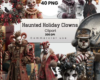 Haunted Christmas Clowns Clipart, Spooky Xmas Horror Clowns, Gothic Fantasy PNG for Crafters, POD, Commercial Use, Digital Download