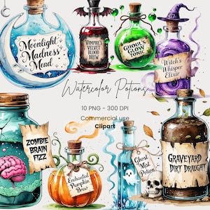 Puede incluir: Ilustraciones de acuarela de botellas de pociones con etiquetas como "Moonlight Madness Mead" y "Ghoul's Glow Tonic". Las botellas son de varias formas y colores, con tapones de corcho. La imagen incluye el texto "Watercolor Potions" y "Clipart".
