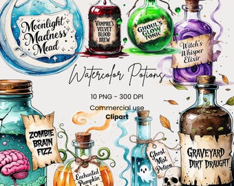 Potion Bottle Watercolor Clipart bundle, Fairy Potions, Fantasy Brew, Witch Digital Halloween Design, Sublimation, Digital Download