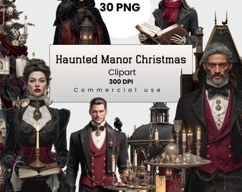 Haunted Manor Christmas Clipart,  Cottagecore,  Gothic Fantasy PNG for Crafters, POD, Commercial Use, Digital Download