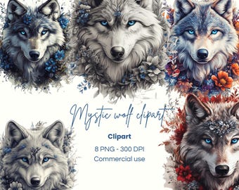 Mystic Wolf Clipart | Tribal Wolf Clipart | Watercolor Floral Wolf | Forest Wolf Graphic | Commercial Use | Instant Digital Download | PNG