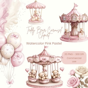 Carrossel de ursinho de pelúcia | Urso de carrossel | Clipart de carrossel | Carrossel de aquarela | Tema de ursinho de pelúcia | Chá de bebê de ursinho de pelúcia | Clipart de conto de fadas