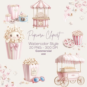 May include: A watercolour illustration of popcorn-themed items, including popcorn containers, a popcorn machine, a cart, film reels, and sunglasses. The text "Popcorn Clipart" is visible, along with other details.