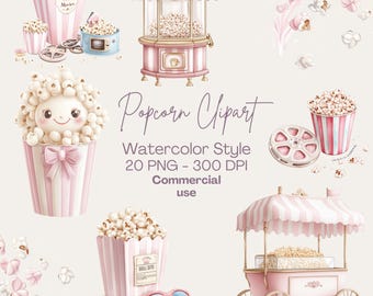 Aquarel popcorn clipart | Clipart filmavond | Bioscoopclipart | Popcornmachine | Popcornemmer | Verjaardag filmavond | Bioscoopafbeelding
