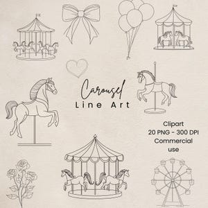 Dessin au trait carrousel | Carrousel minimaliste | Clipart Carrousel | Lot de dessins au trait | Icônes festives | Bordures dessinées à la main | Carrousel | PNG