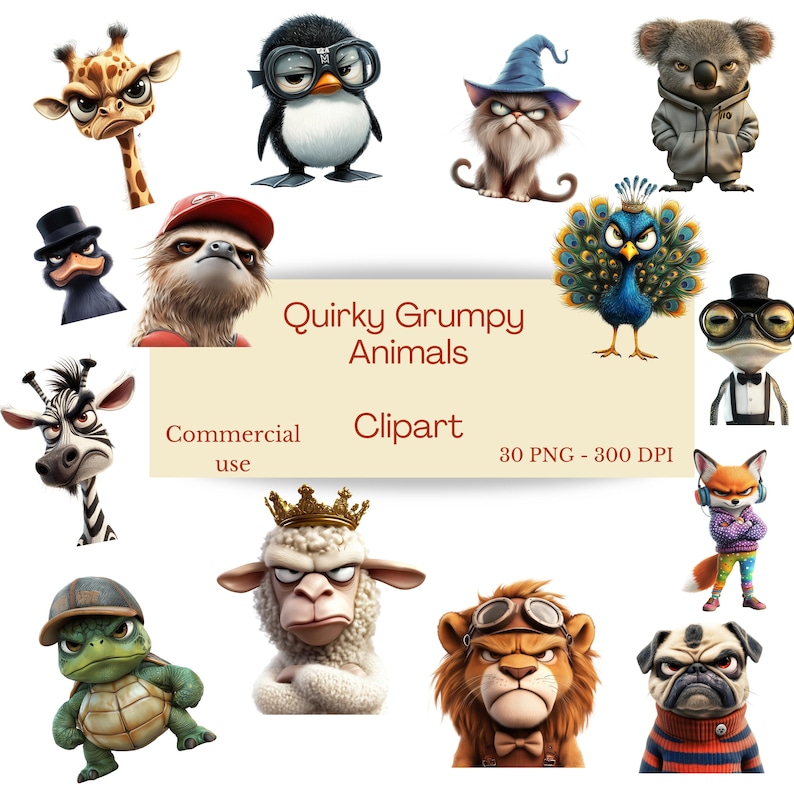 Grumpy Animal Clipart | Animated Pet Design | Quirky Animals | Grumpy ...