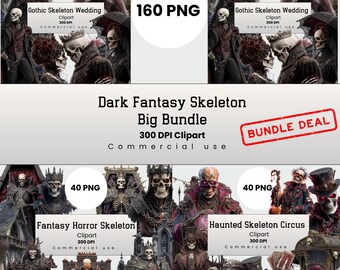 Mega Horror Skeleton Clipart Bundle, Bone Creature, Dark Fantasy PNG for Crafters, POD, Scrapbook, Commercial Use, Digital Download