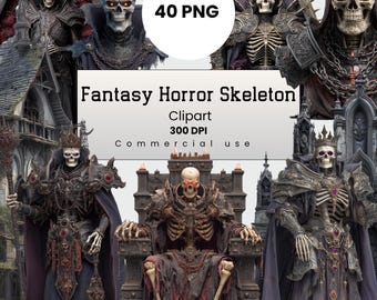 Fantasy Horror Skeleton Clipart, Bone Creature, Undead Necromancer, Dark Fantasy PNG for Crafters, POD, Commercial Use, Digital Download